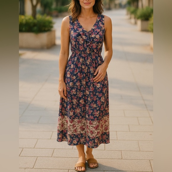 DOE & RAE BLUE/PINK FLORAL SLEEVELESS RUFFLE V-NECK CRUISE WEAR MAXI DRESS SZ S - Picture 1 of 9